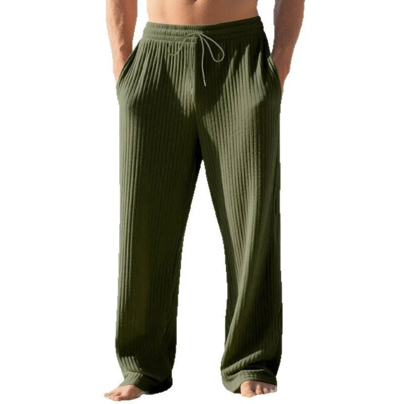 Fall winter men's baggy straight leg trousers with drawstring waist in solid colours