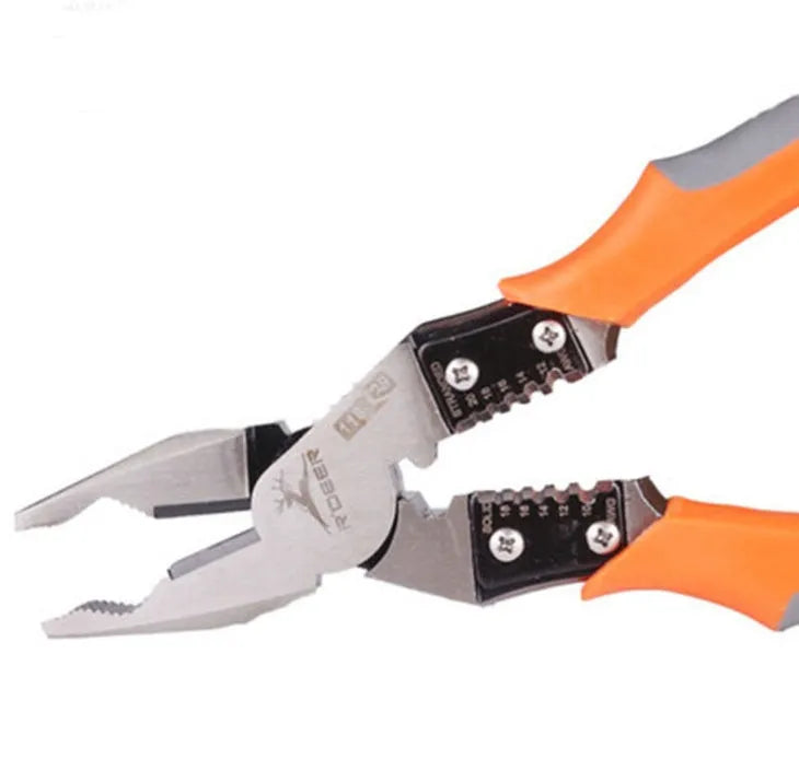 Orange multi-function wire cutter pliers with chrome steel head and plastic grip.