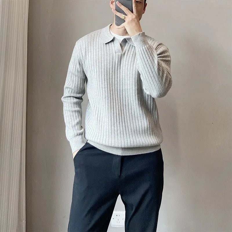 Men's loose grey knitted pullover sweater with long sleeves, rabbit fur modal fabric.