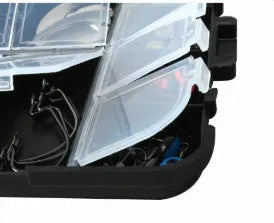 Black plastic storage box containing 188 stainless steel fishing accessories including swivels, snaps, and beads