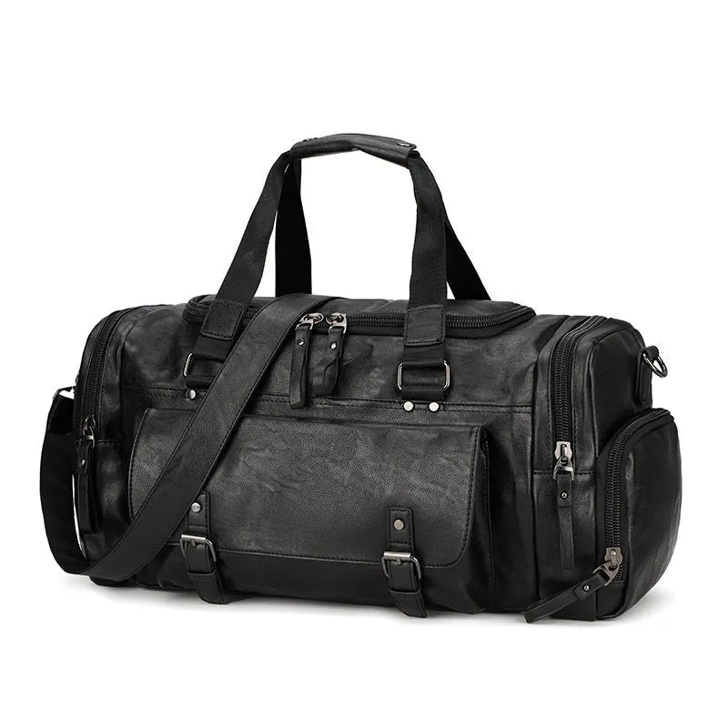Large black travel holdall with a separate zippered shoe compartment at one end.