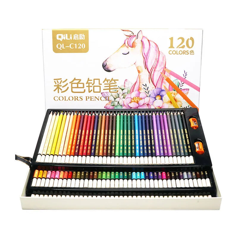 120 colored pencils with rosewood shells arranged in a wooden case