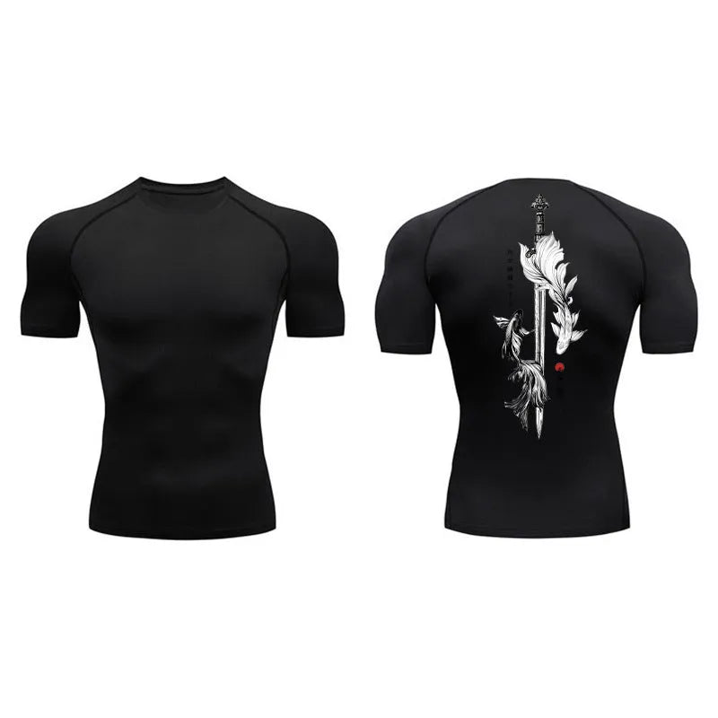 Men's short sleeve compression shirt with sword print pattern in loose pullover style