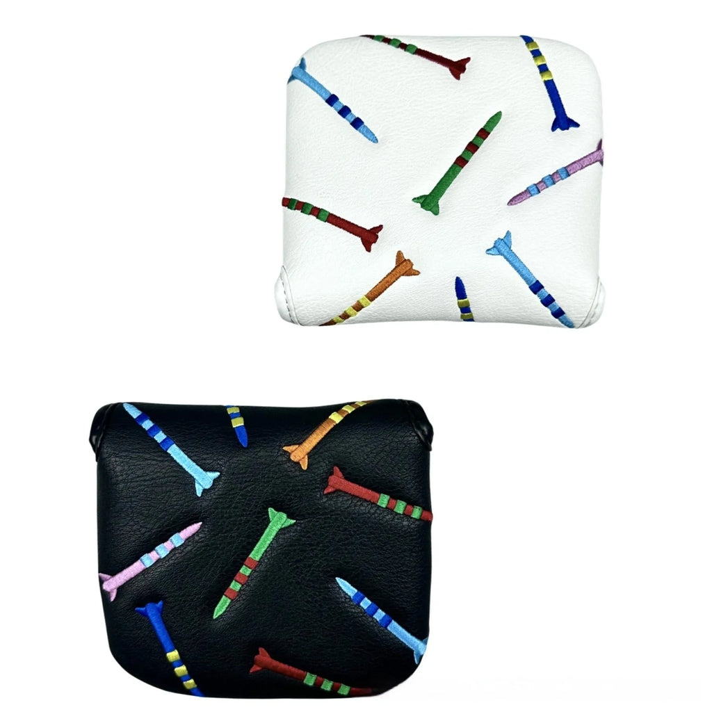 Black and white PU leather protective sleeve for a Rocket pattern square golf putter.
