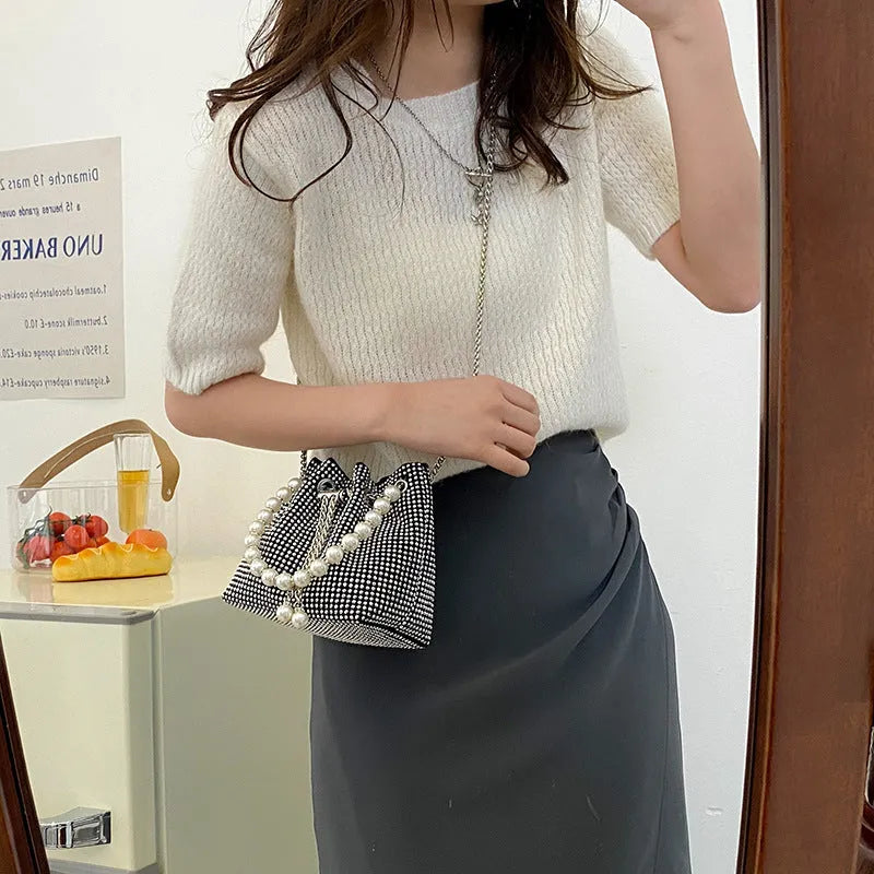 Western style light diamond crossbody bag with chain strap and bucket shape design in multiple colour options