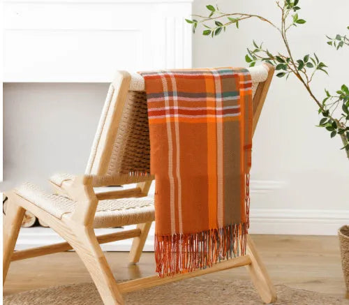 Acrylic chenille plaid blanket with tassels, gray and white geometric pattern, 125x160 cm