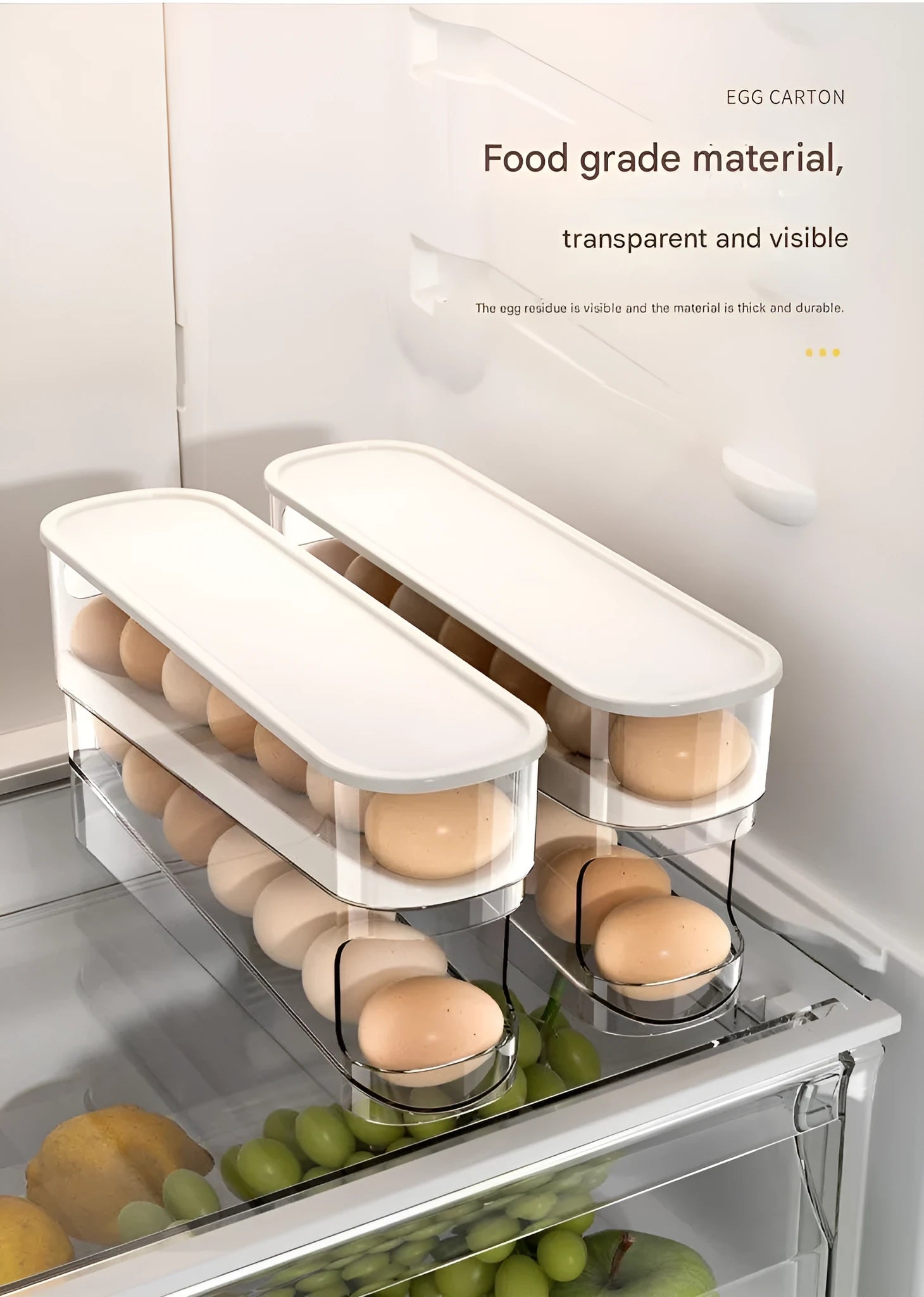 White plastic refrigerator slide-out egg tray with automatic dispenser mounted on refrigerator door