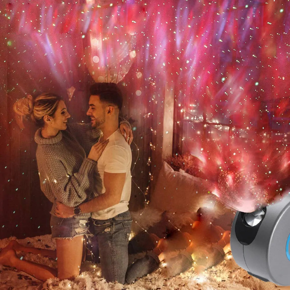 Galaxy starry sky projector rotating with 7 colours on a shelf, remote control next to it