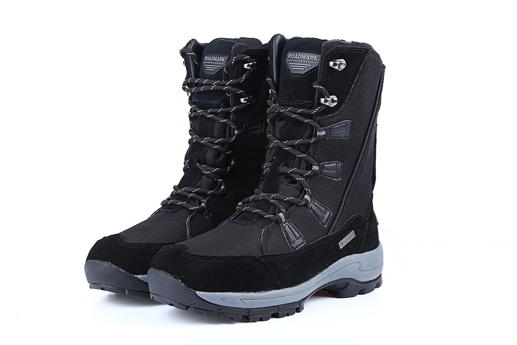 Women's black thermal snow boots with genuine leather uppers and a non-slip rubber sole.