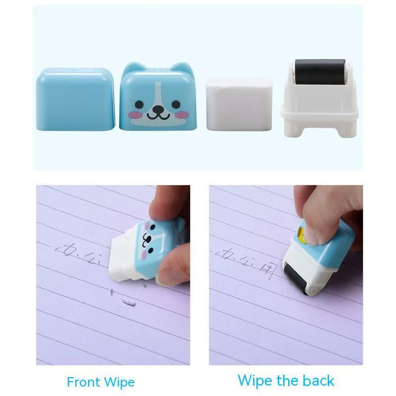 Pack of six cute cartoon animal erasers in mixed colours on a light background