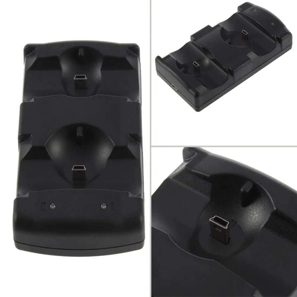 Black dual charging dock for PlayStation 3 with two controllers placed on charging contacts