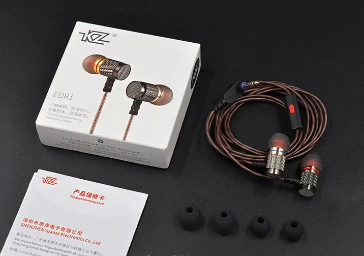 Close-up of wired in-ear headphones with metal housing, silicone cable, and TPE earplugs shown in standard and with microphone styles.