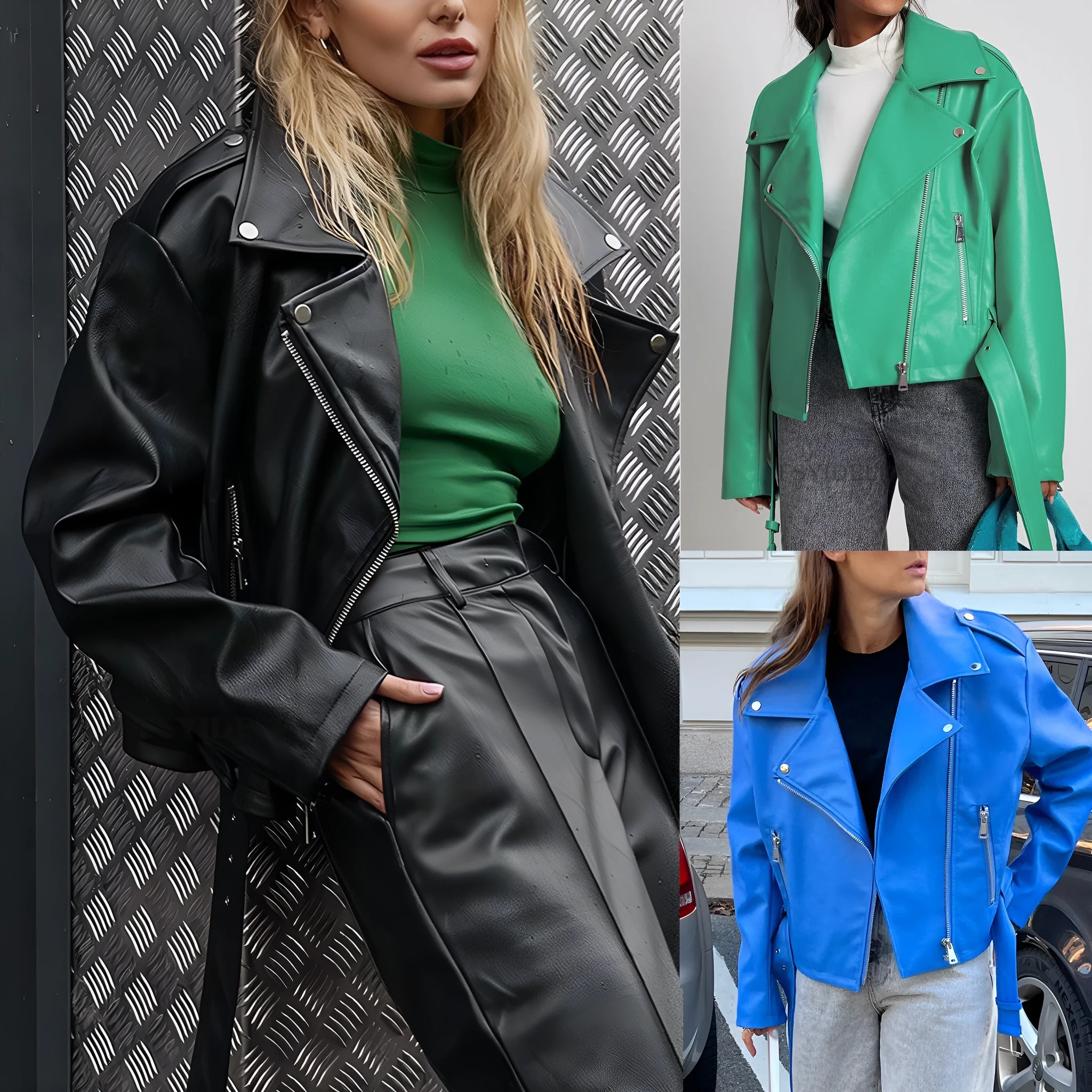 Black punk-style cropped jacket with a Peter Pan collar and a detachable waist belt on a hanger.