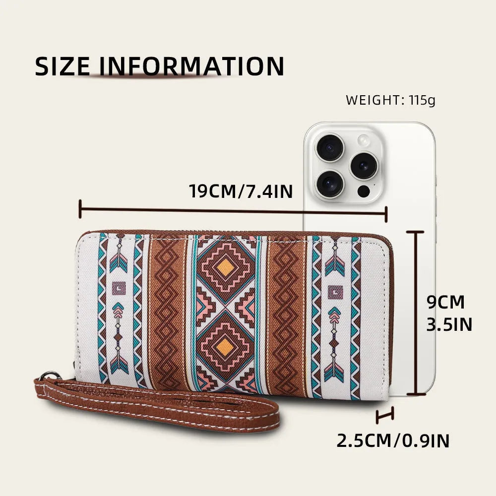 Bohemian striped canvas RFID wallet with wind belt closure in multiple colour options