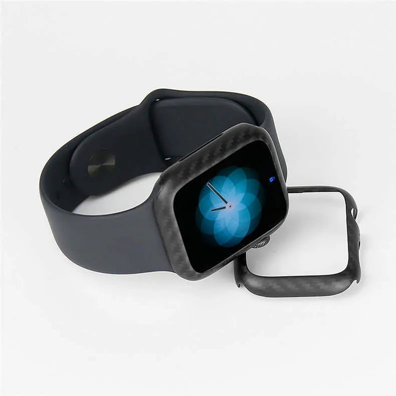 Half wrap leather case for Apple Watch 4 in 44mm size, shown in black with carbon fibre details
