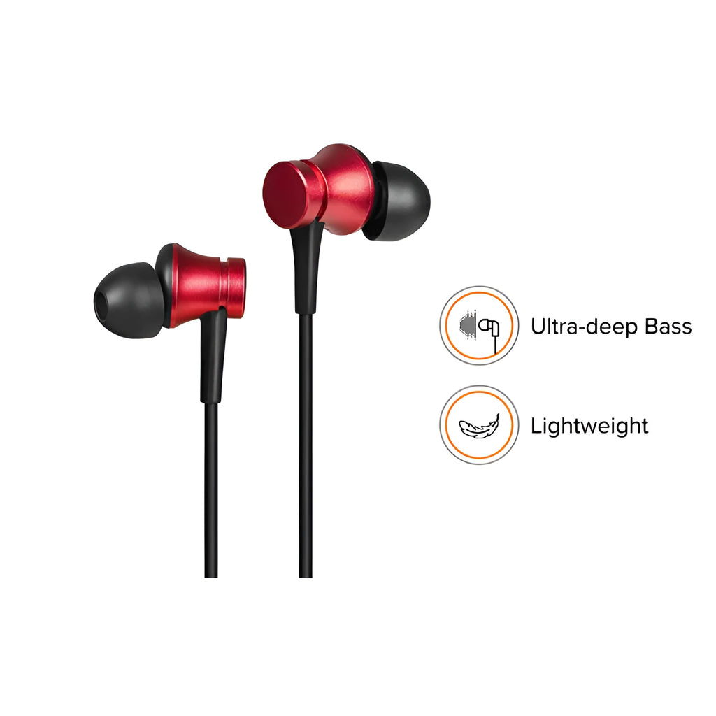 Piston-style wired in-ear headphones with 3.5mm jack in black, blue, and red colour options.