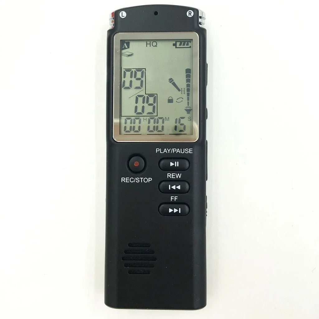 Compact USB digital voice recorder with external microphone on a desk.