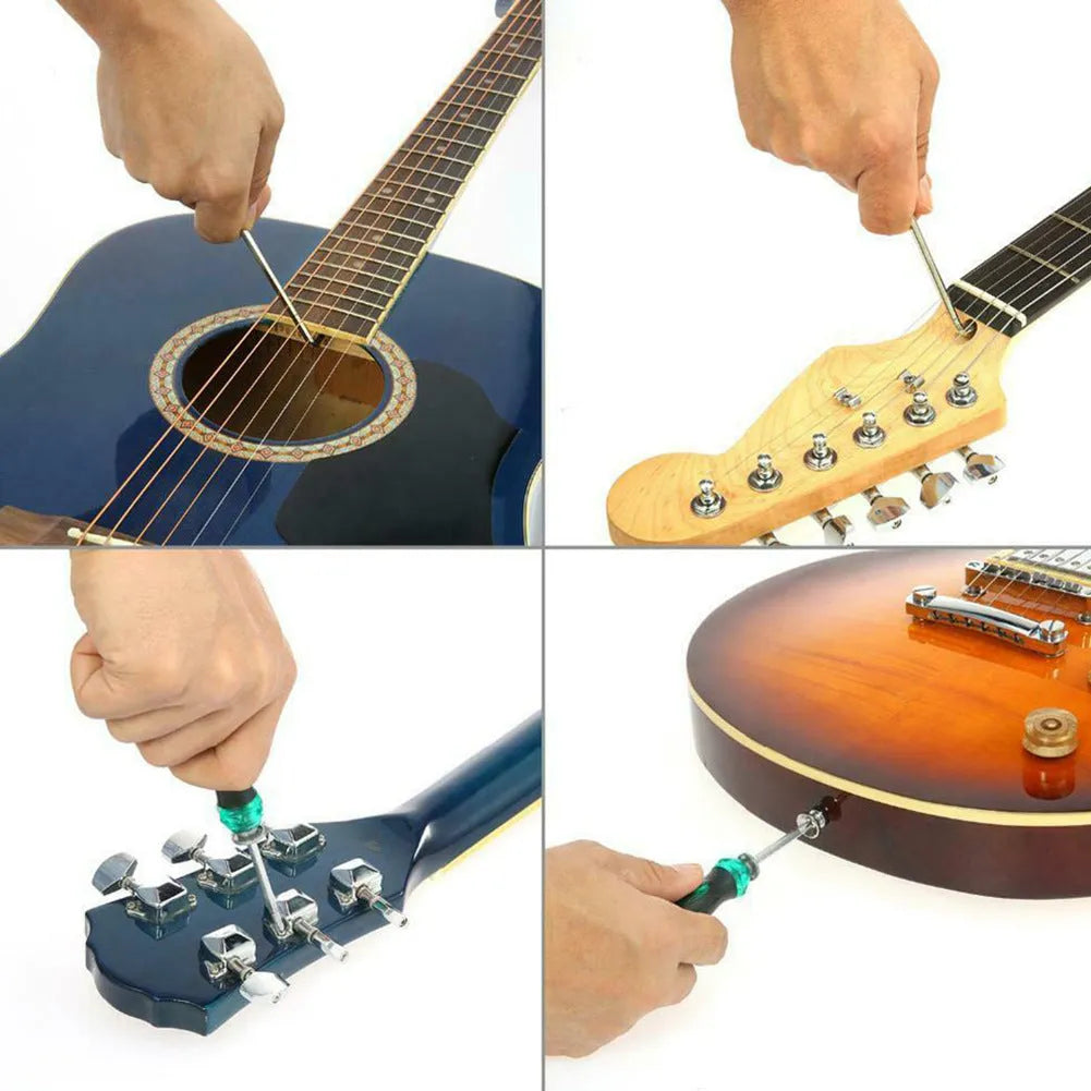 Black plastic case open to reveal 22 metal guitar repair tools including files, rulers, and wrenches for setup