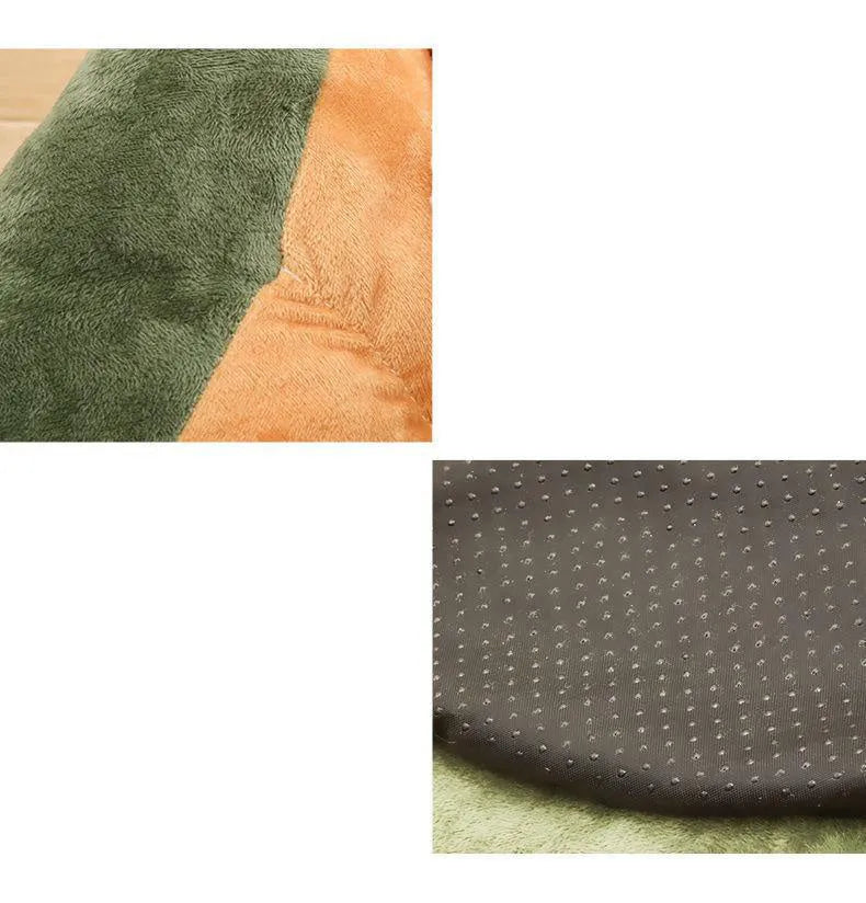Green cotton pet bed with a plush raised rim for a cat or small dog.