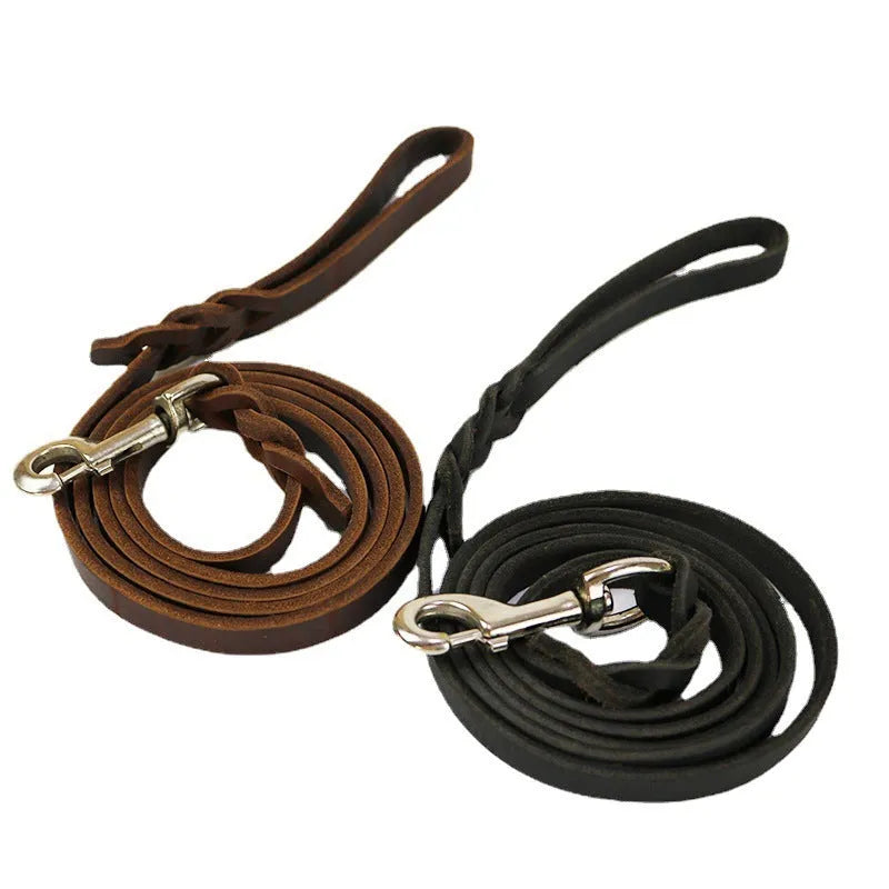 Thickened light brown cowhide leather dog lead for large dogs, shown at 160cm length.