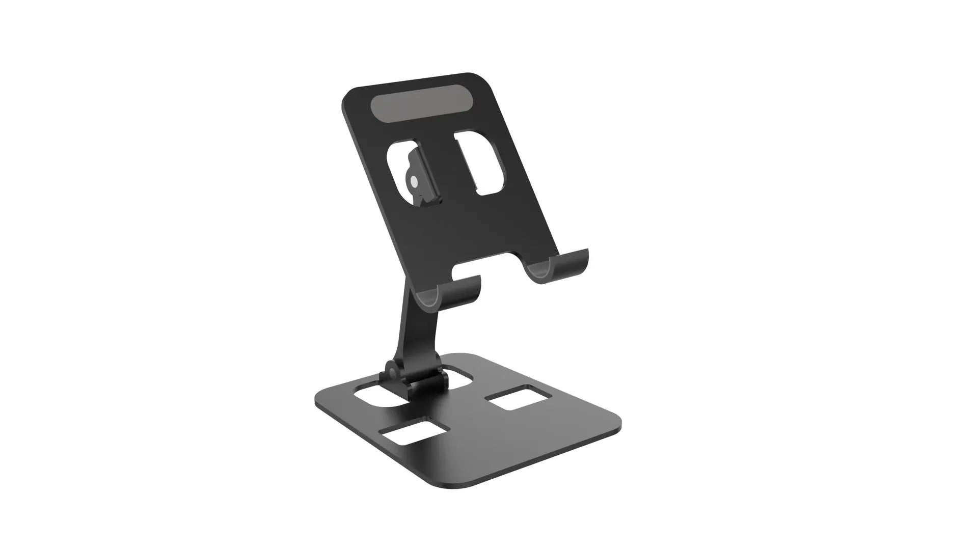 Aluminium alloy rotating mobile phone bracket in silver on a desk, showing three-axis joint and metal texture finish