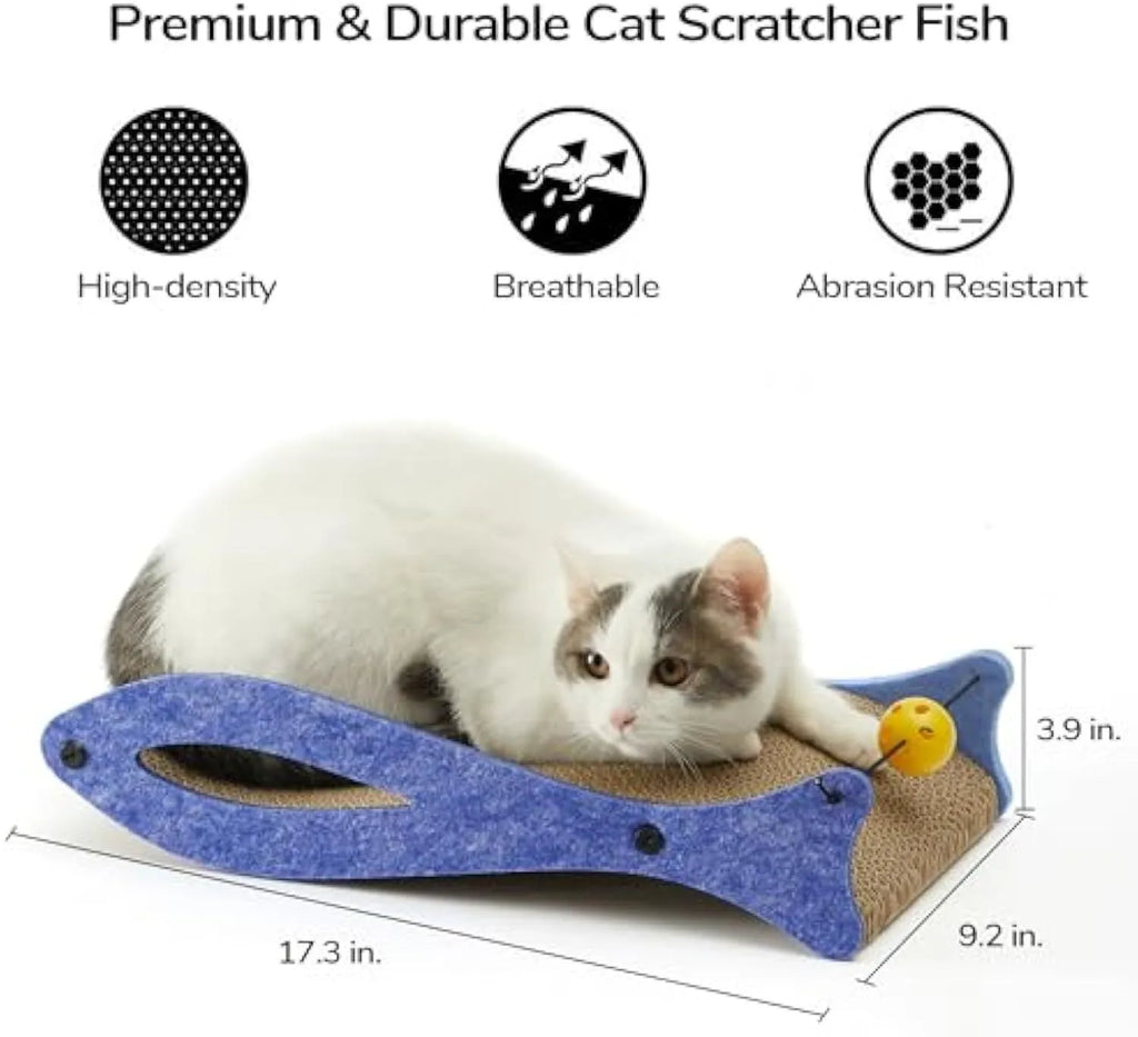 Blue fish-shaped cardboard cat scratcher with attached bell toys on an elastic cord.
