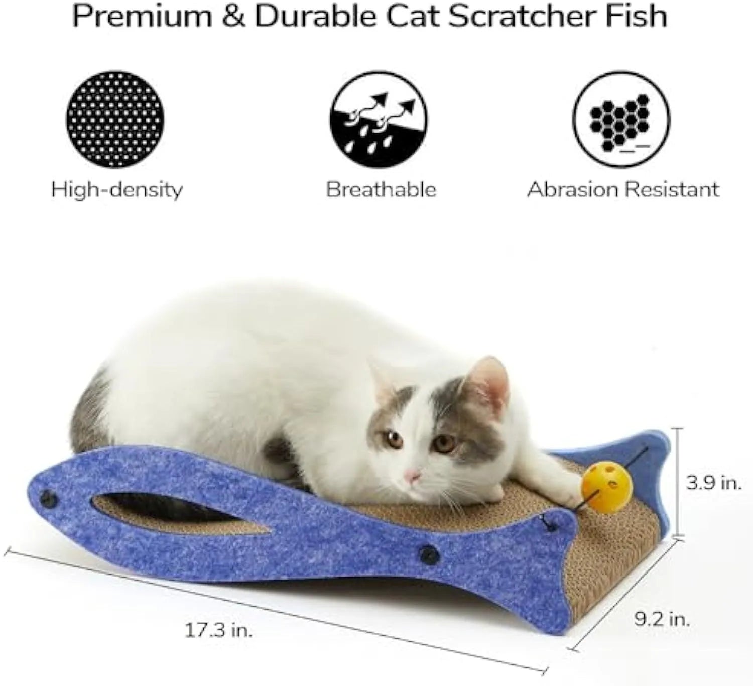 Blue fish-shaped cardboard cat scratcher with attached bell toys on an elastic cord.