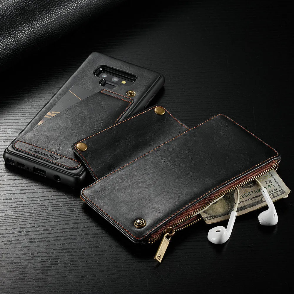 Samsung Note9 leather flip phone case in black, brown, and red colour options showing flip cover design