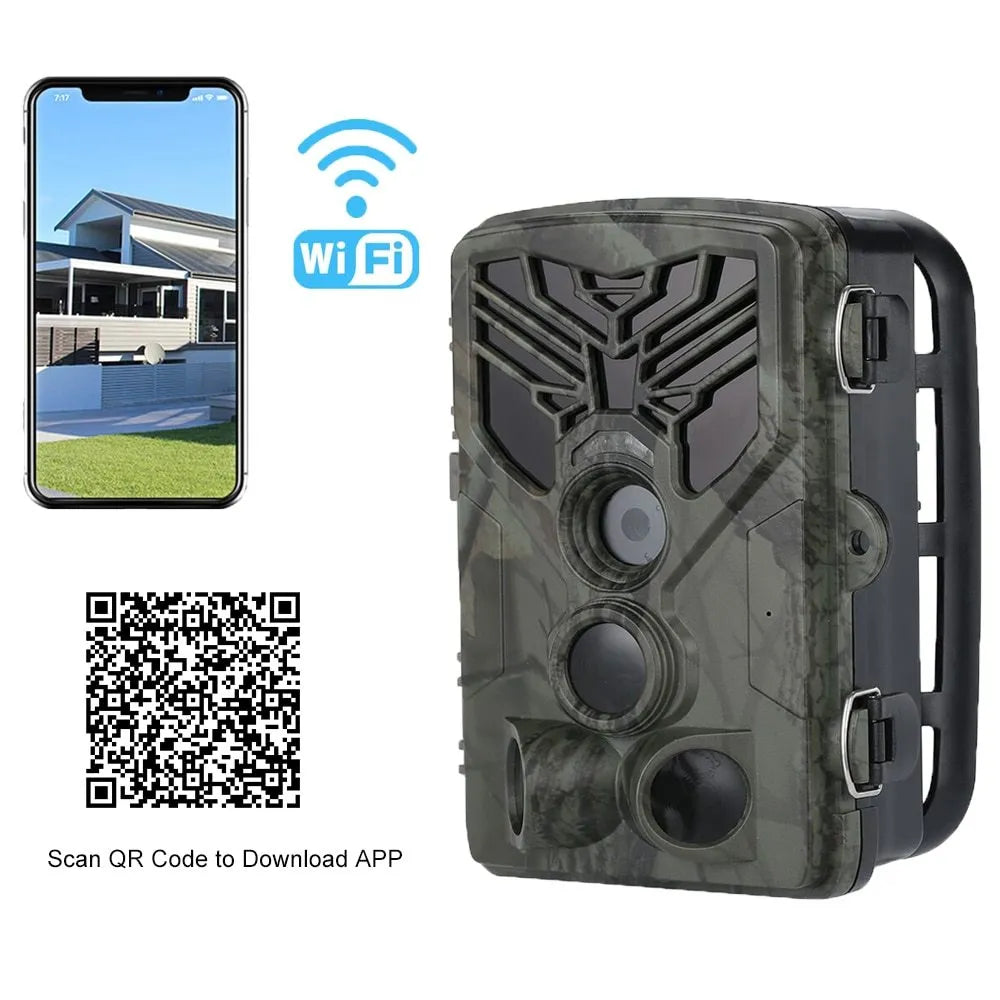Wi-Fi830 compact trail camera showing lens, infrared LEDs, and belt mount strap.