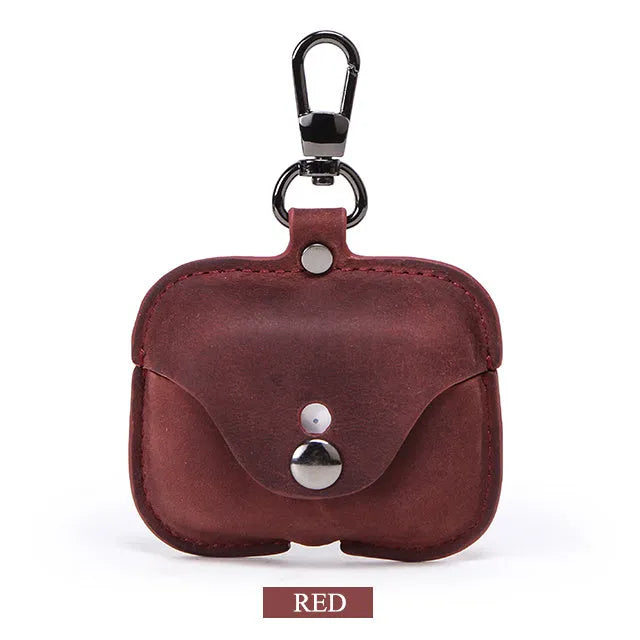 Brown leather clamshell case cover for Apple AirPods Pro with a vintage crazy horse pattern texture.
