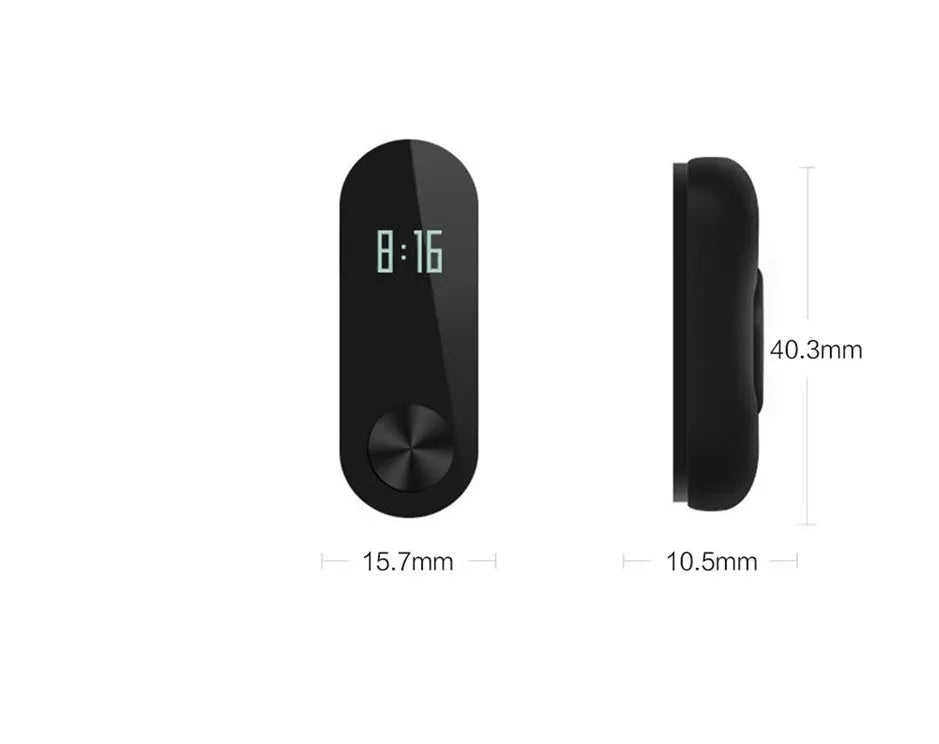 Black Xiaomi Mi Band 2 smartband with OLED display on a thermoplastic wrist strap.