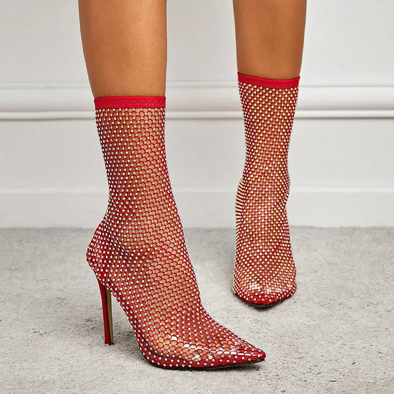 Women's stiletto heel pointed toe hollow mesh boots in black with oversleeve design