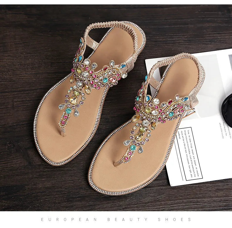 Gold low heel sandals with colourful diamond embellishments TPR sole open toe