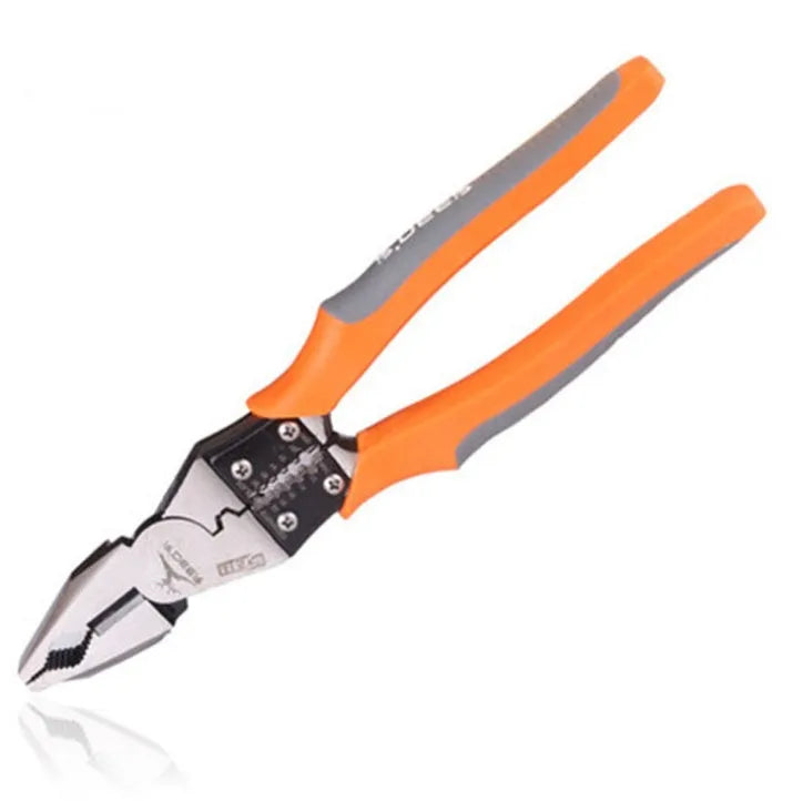 Orange multi-function wire cutter pliers with chrome steel head and plastic grip.