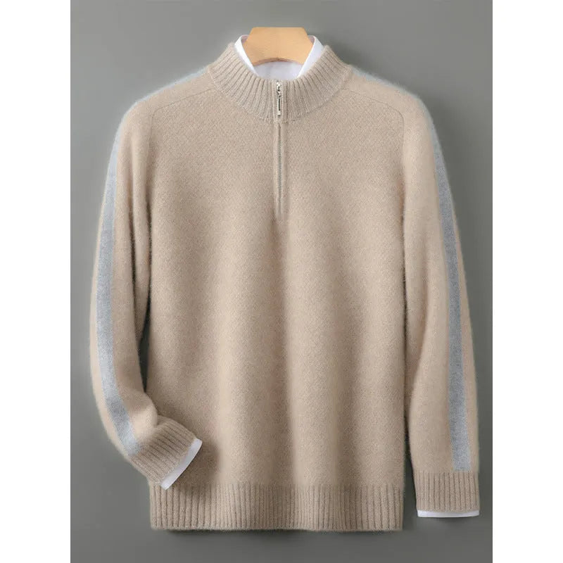 Slim-fit half-zip sheep wool sweater in grey, shown on a hanger.