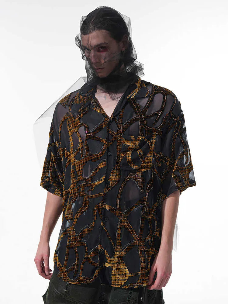 Men's black and grey snake pattern short-sleeved shirt with translucent polyester fabric and lapel collar