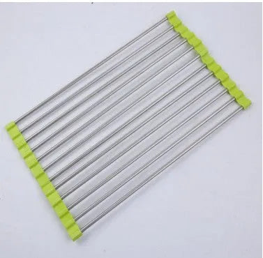 Folding stainless steel kitchen sink drying rack with multiple tubes, shown in a red finish.