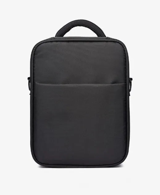 Black men's messenger bag made from Oxford fabric showing shoulder strap and main compartment.
