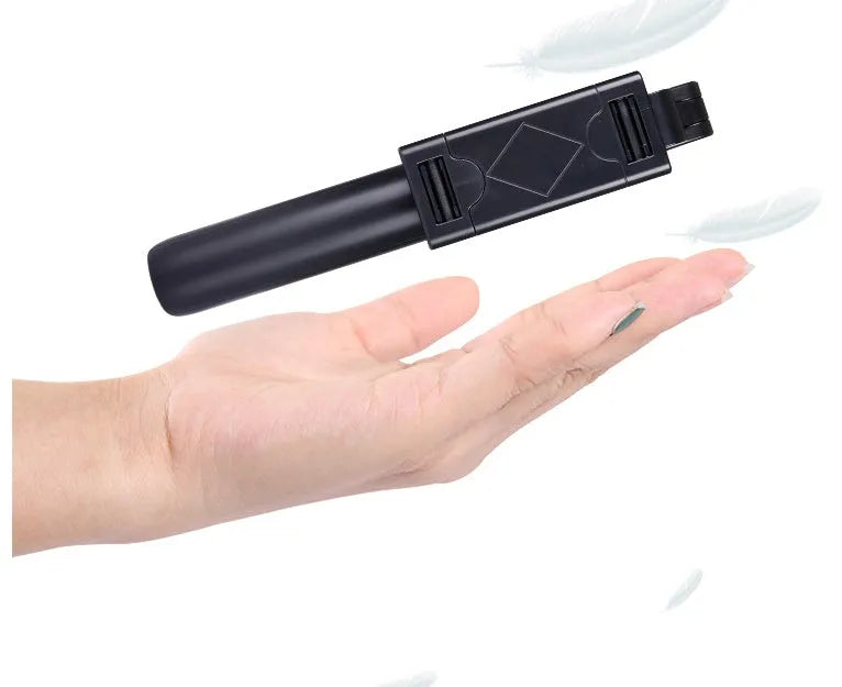 Bluetooth selfie stick tripod folded and extended on white background, black colour, plastic construction