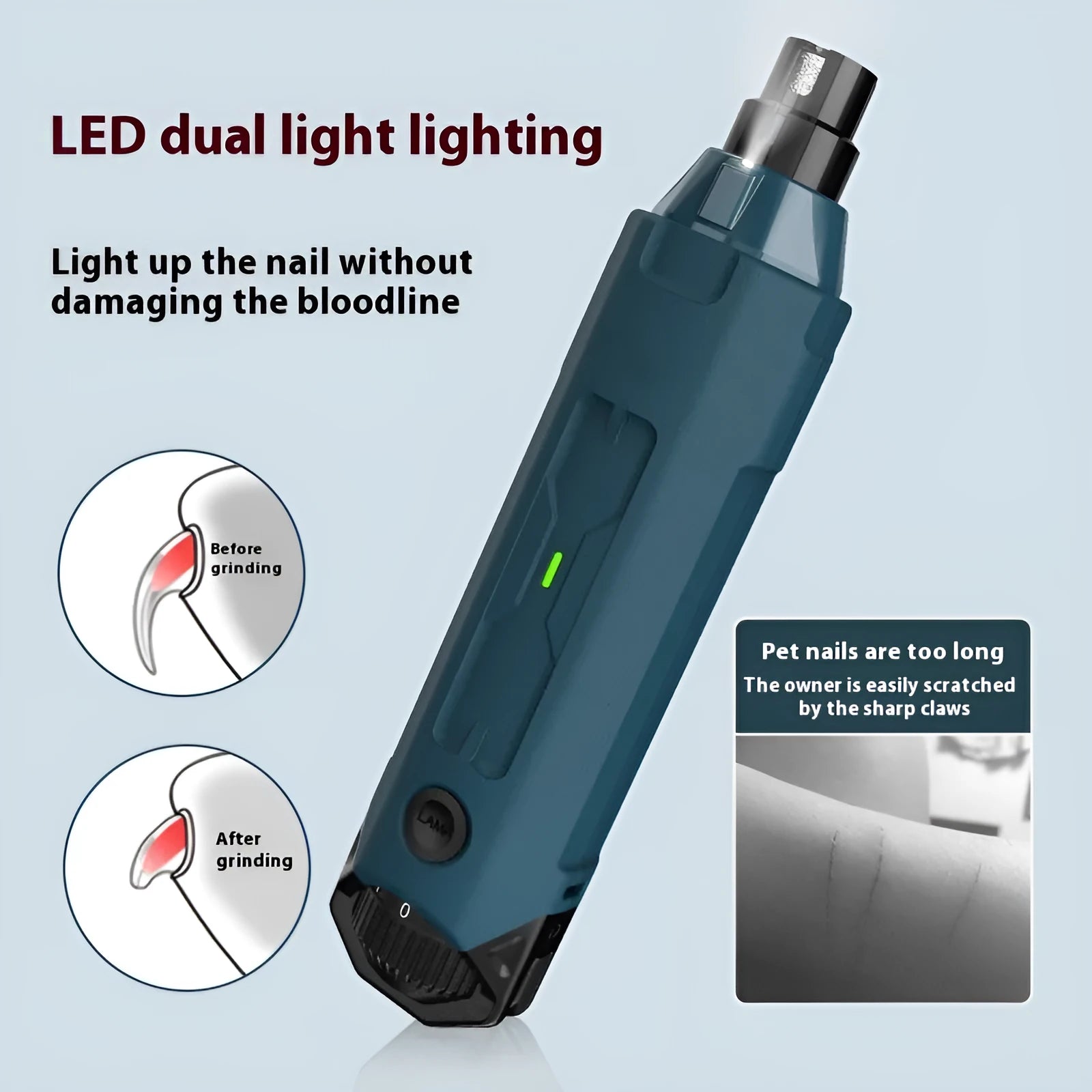 Dark blue pet nail trimming device with LED light and rotary speed control