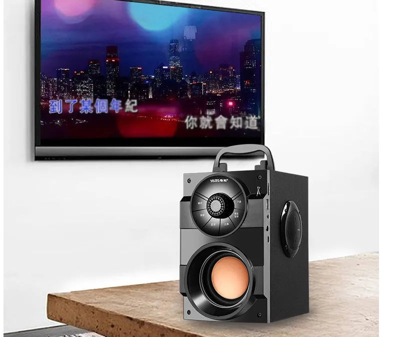 Black portable mini 2.1 channel home audio system with subwoofer, cable, and USB power
