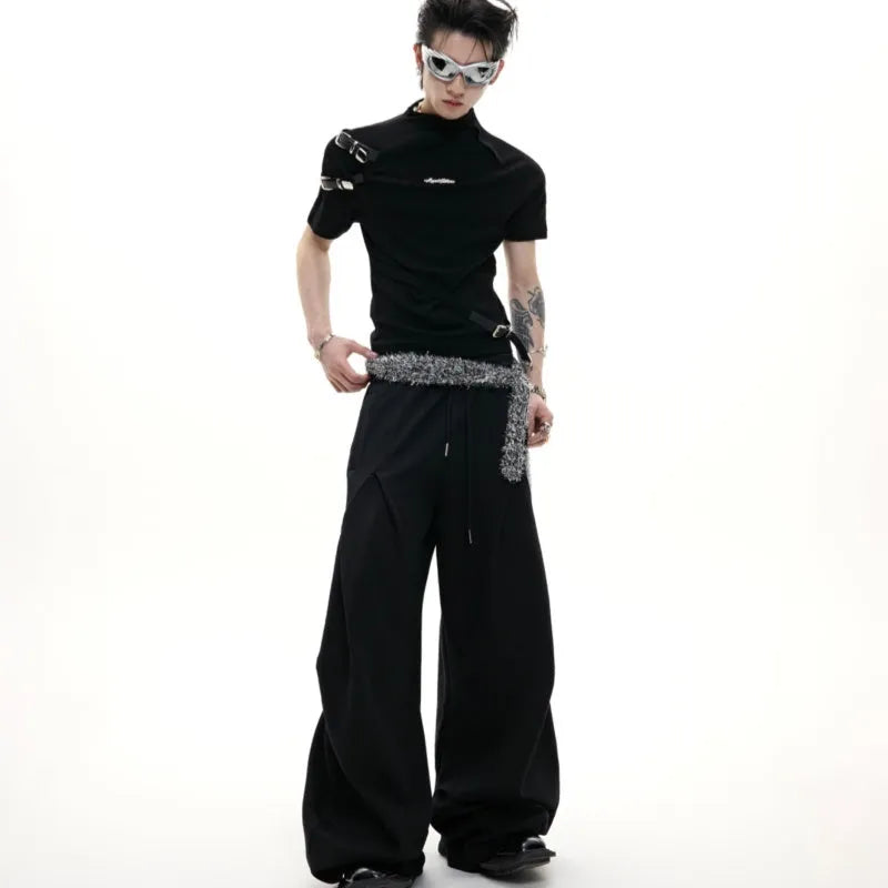 Men's slim fit cotton t-shirt with metal belt detail on stand-up collar in black or white