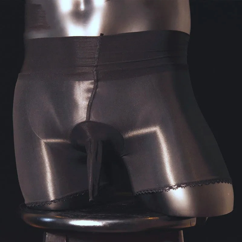 Men's shiny stockings underwear in transparent nylon showing U-shaped bag style and mid waist design