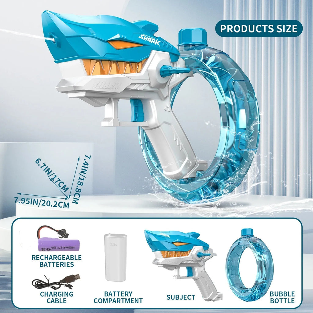 Blue electric shark water gun toy with automatic continuous fire system for outdoor summer water play