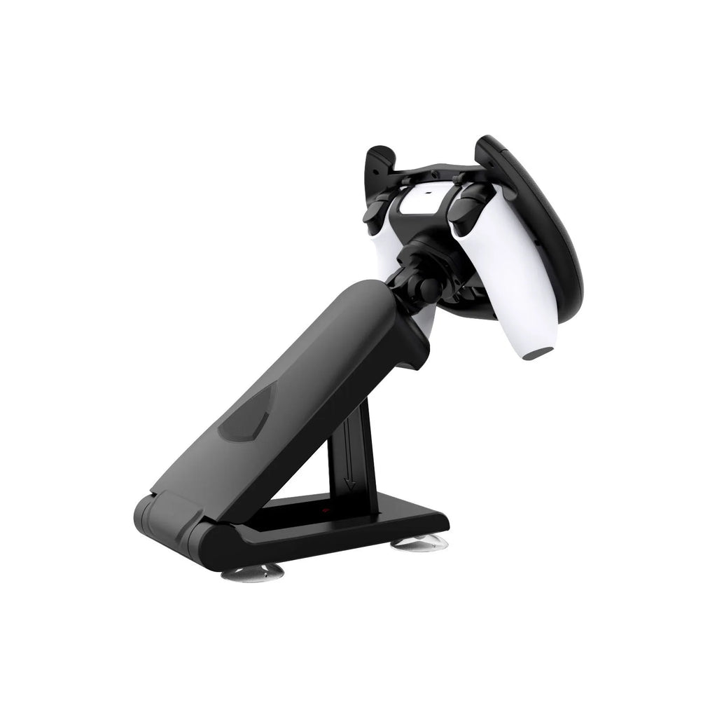 Black ABS gamepad steering wheel bracket with suction cup for mounting a smartphone.