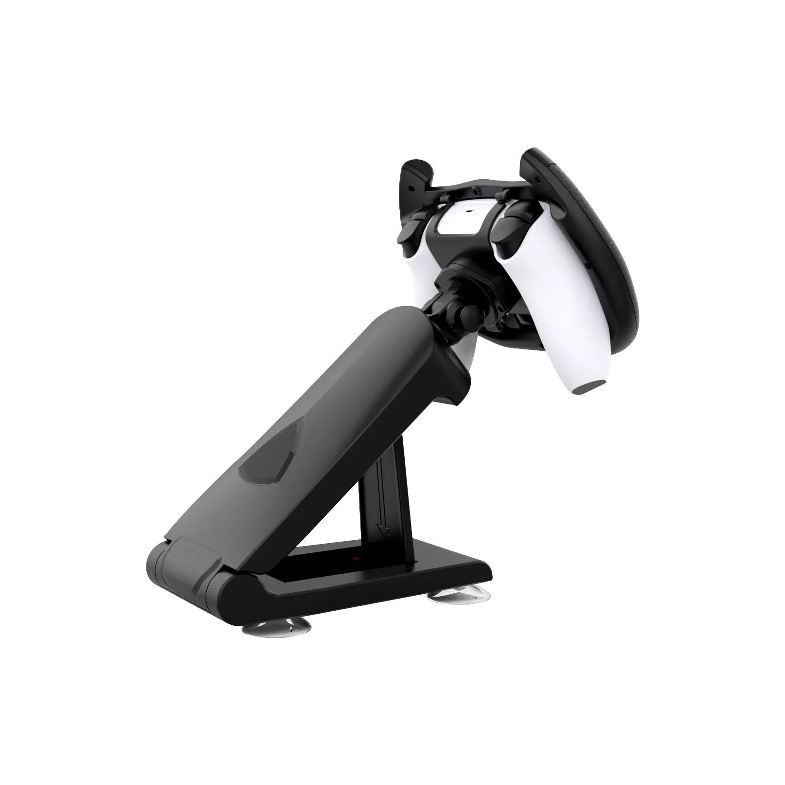 Black ABS gamepad steering wheel bracket with suction cup for mounting a smartphone.