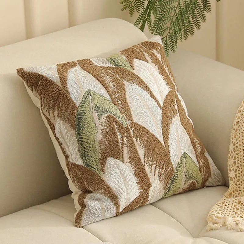45cm square jacquard woven cushion cover with embroidered floral pattern in retro Nordic style