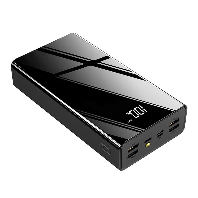 Large 40000mAh portable power bank with LCD screen in red or black colour.