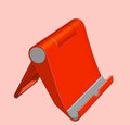 Black folding PE plastic mobile phone and tablet stand holding a smartphone at an angle.