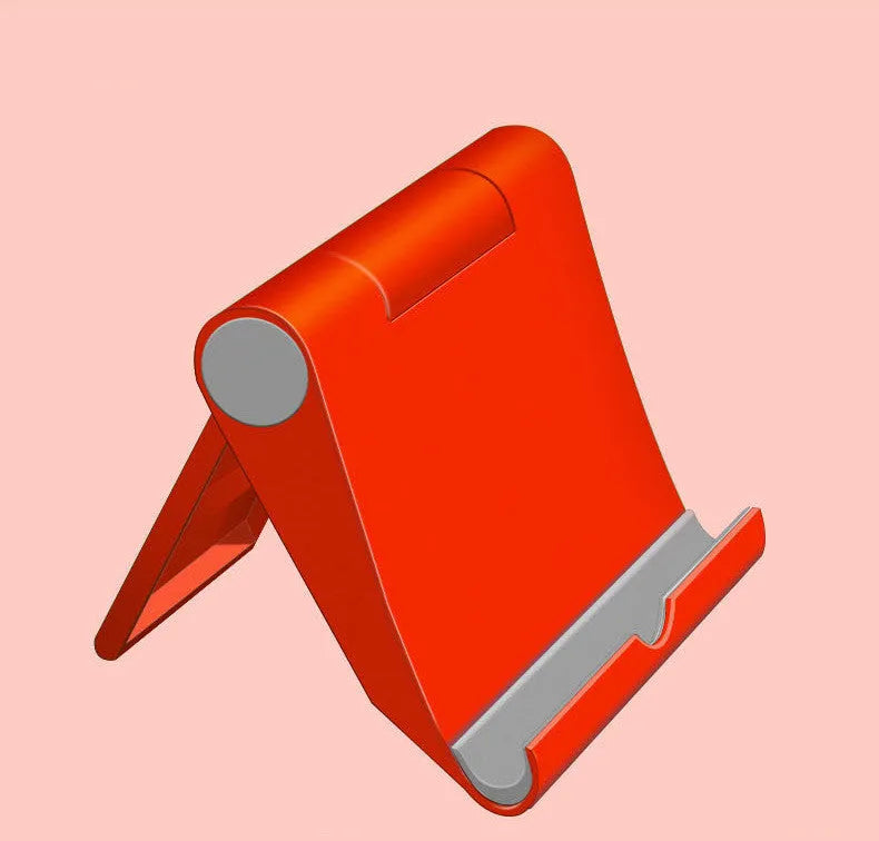 Black folding PE plastic mobile phone and tablet stand holding a smartphone at an angle.